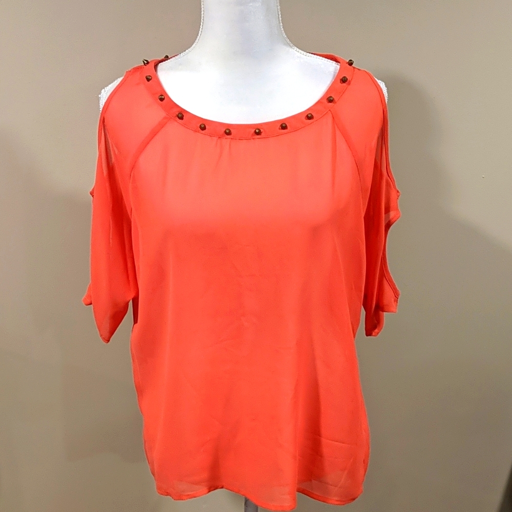 BKE Red Cold Shoulder Sheer Top